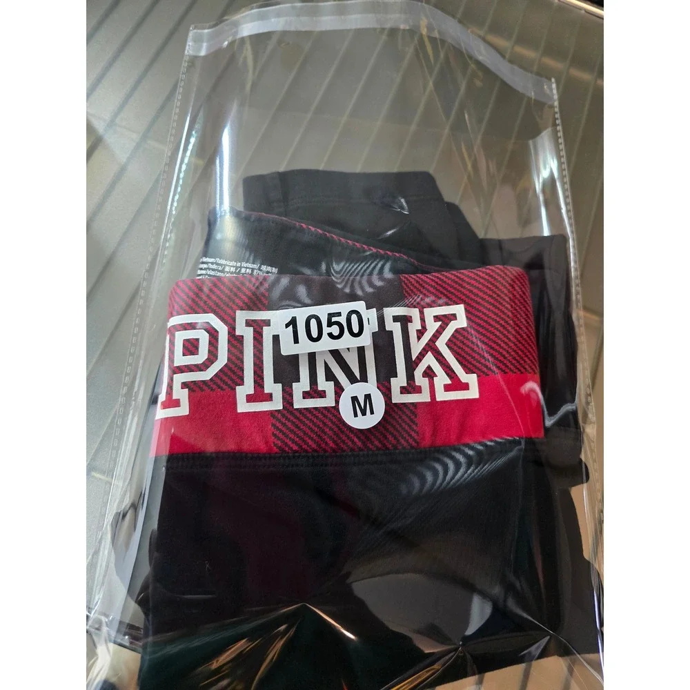PINK Victoria's Secret Yoga Leggings Black‎ Plaid Logo Waistband Women's M